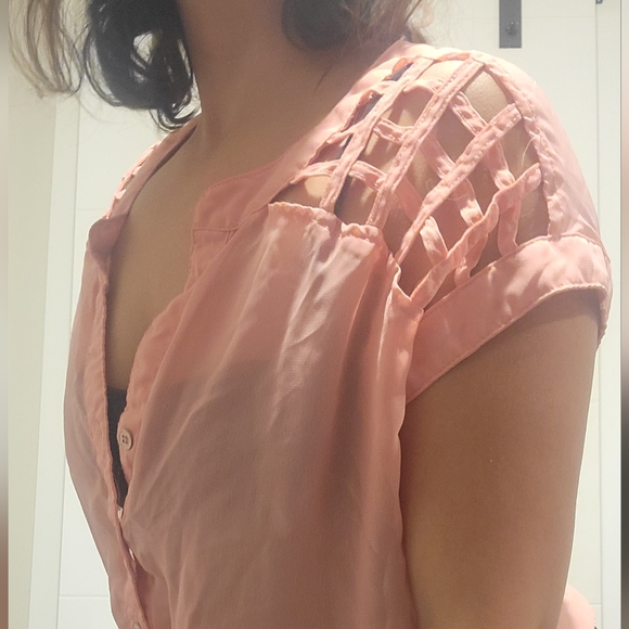 Seduction Pink Tie Crop Top with decorative mesh sleeves Size M Medium - Picture 3 of 4